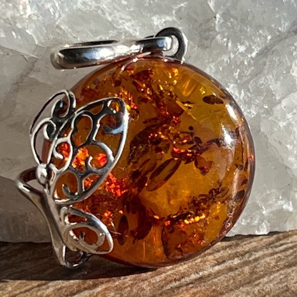 Baltic Amber Sterling Silver Pendant with Butterfly Detail Necklace - Picture 5 of 12